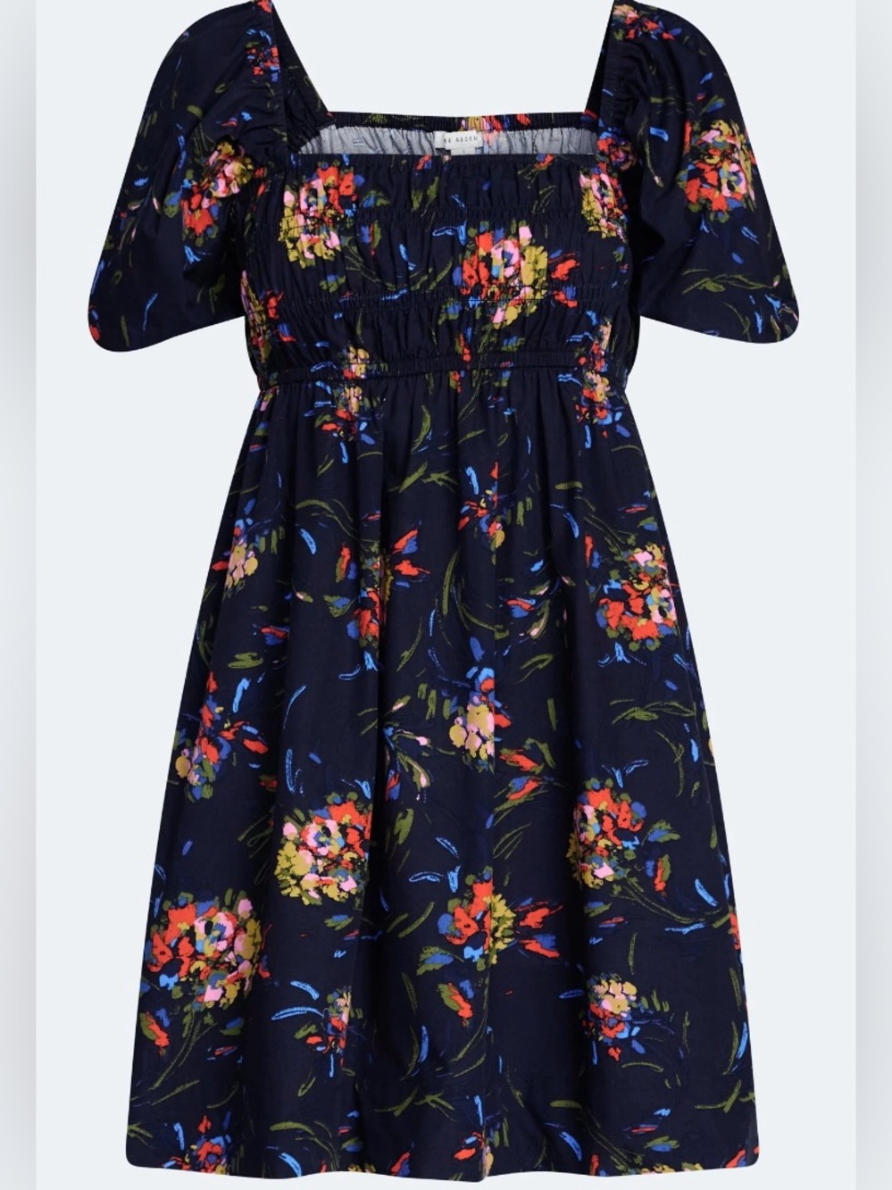 NWT Free Assembly Floral Smocked Peasant Mini Dress Puff Sleeve Pockets Size L